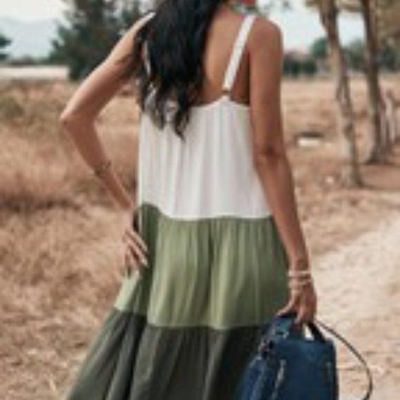 Olive, Khaki and Crème Colored Block Summer Dress, Knee Length - Picture 2 of 3